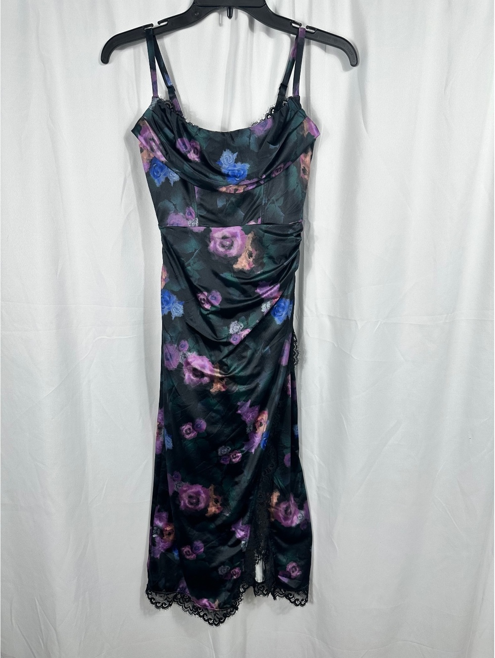 Popilush Black Floral Satin Slip Dress with Lace Trim Built In Shapewear XS